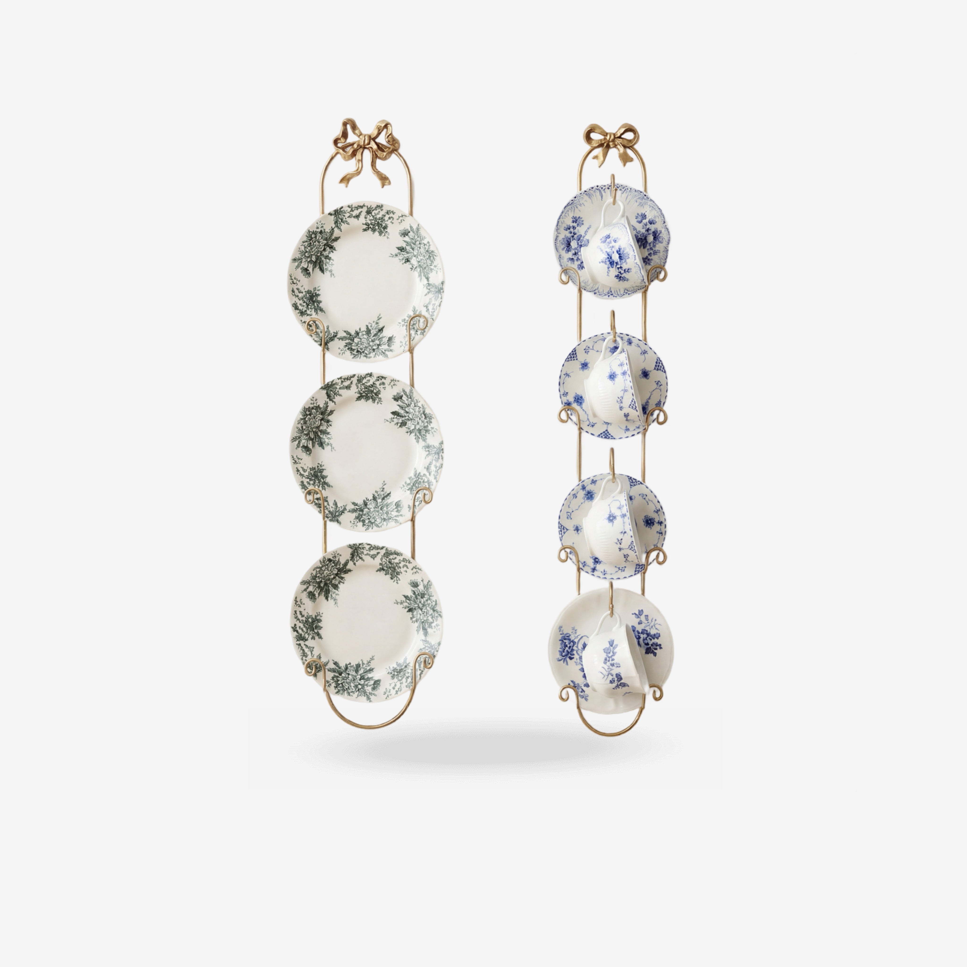 French Vintage Bow Knot Wall-Mounted Display Rack – Brass Gold Metal Plate & Teacup Holder