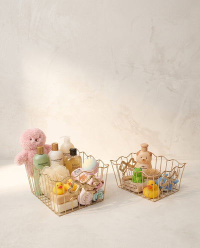 Elegant Gold Ribbon Bow Wire Storage Basket