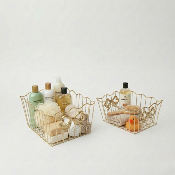 Elegant Gold Ribbon Bow Wire Storage Basket
