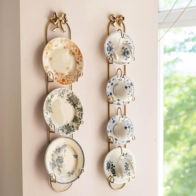 French Vintage Bow Knot Wall-Mounted Display Rack – Brass Gold Metal Plate & Teacup Holder