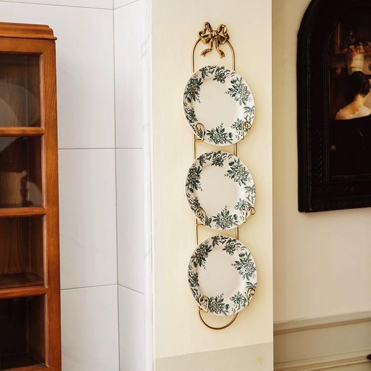 French Vintage Bow Knot Wall-Mounted Display Rack – Brass Gold Metal Plate & Teacup Holder