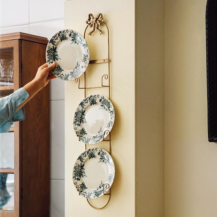 French Vintage Bow Knot Wall-Mounted Display Rack – Brass Gold Metal Plate & Teacup Holder
