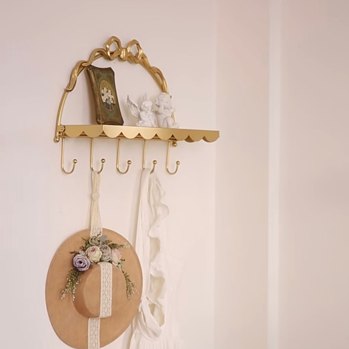 Vintage Gold Bowknot Wall Shelf with Hooks