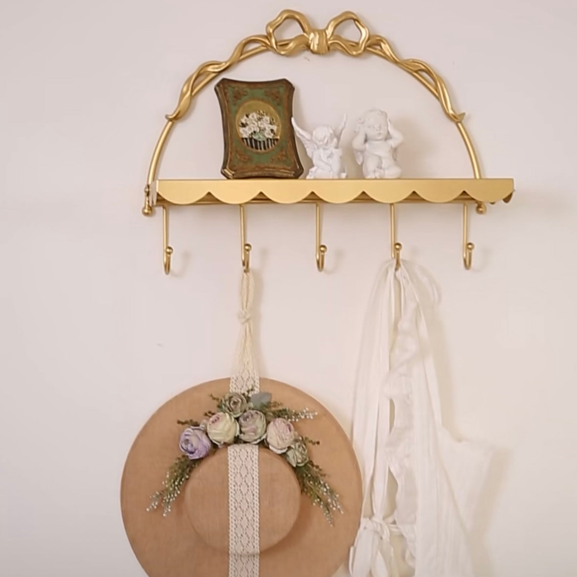 Vintage Gold Bowknot Wall Shelf with Hooks