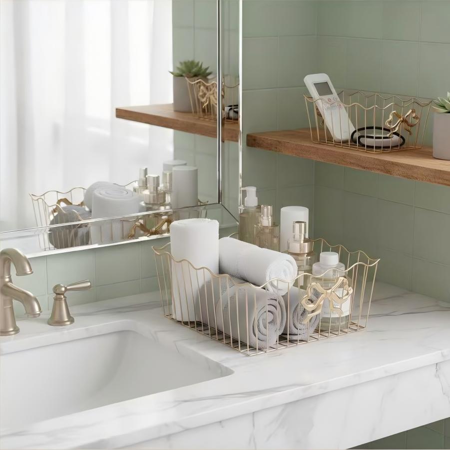 Elegant Gold Ribbon Bow Wire Storage Basket