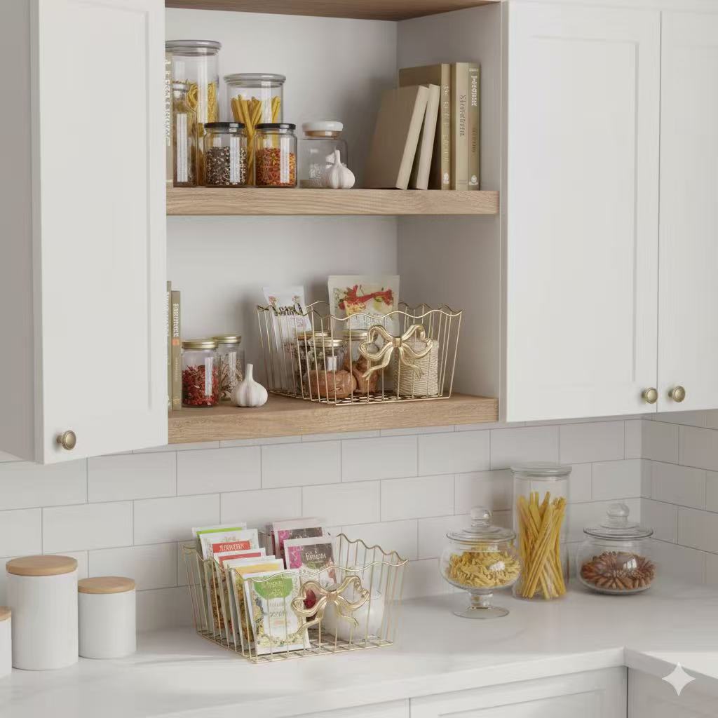 Elegant Gold Ribbon Bow Wire Storage Basket