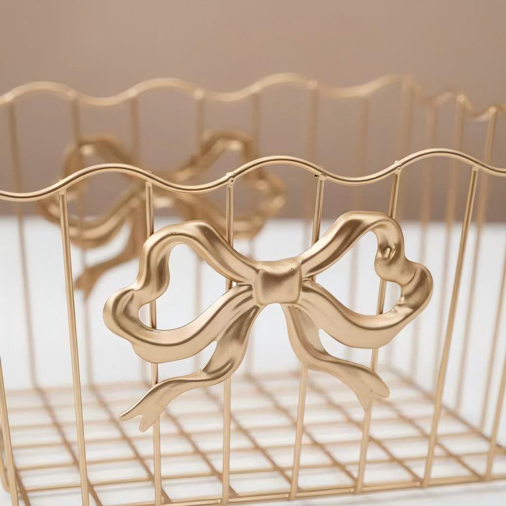 Elegant Gold Ribbon Bow Wire Storage Basket