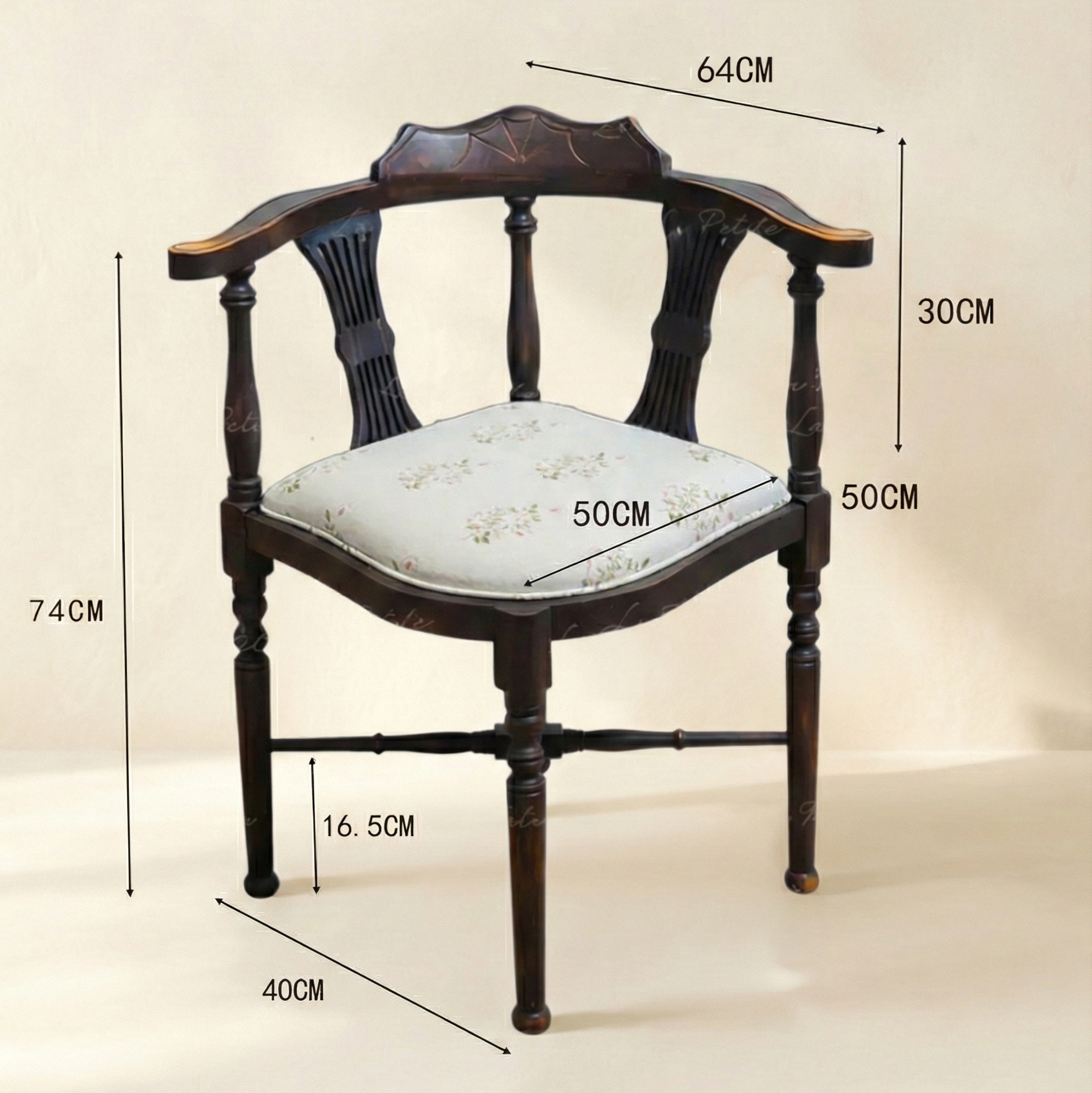 Vintage French Style Solid Wood Corner Chair with Floral Upholstery