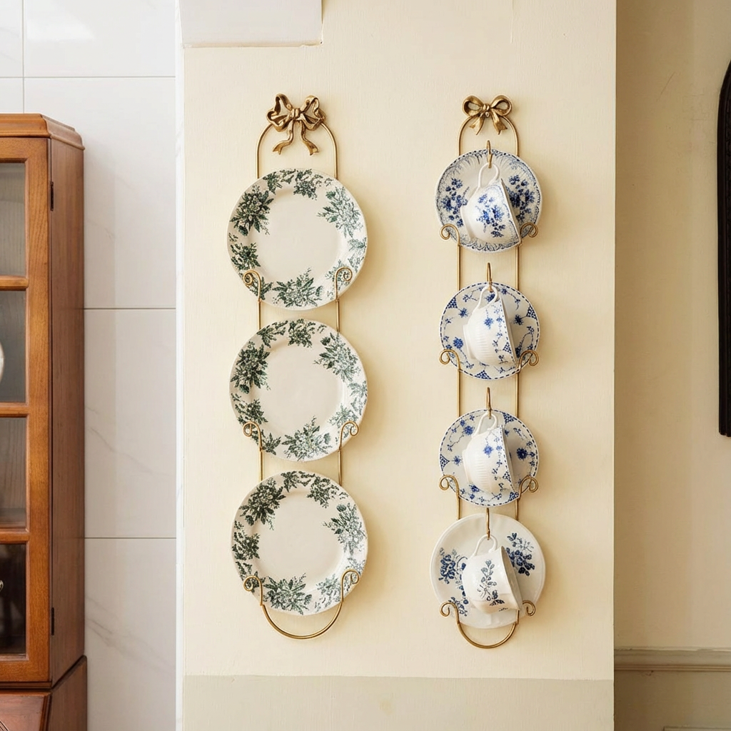 French Vintage Bow Knot Wall-Mounted Display Rack – Brass Gold Metal Plate & Teacup Holder