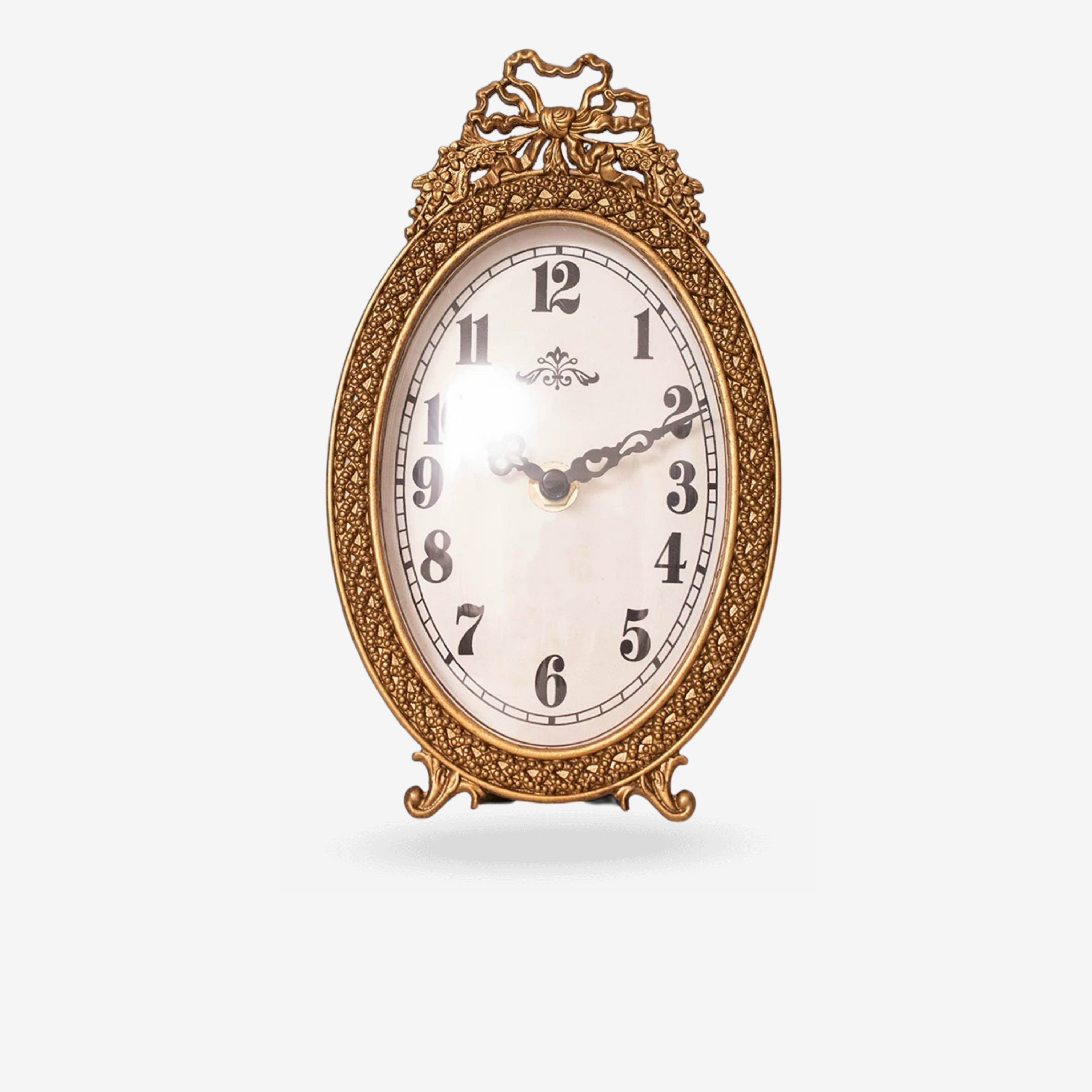 Vintage French Ornate Gold Table Clock - Elegant Ribbon & Floral Embossed Desk Decor