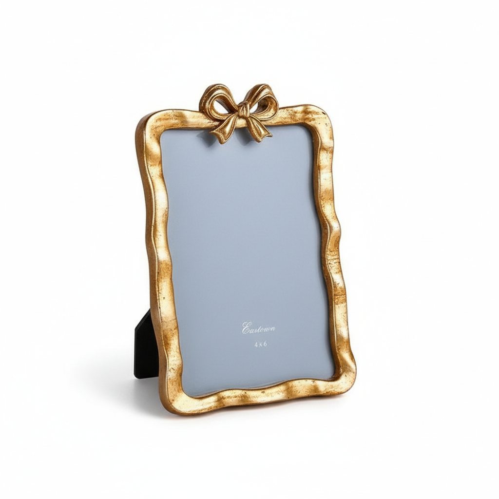 Vintage French Ornate Gold Photo Frame - Elegant Ribbon Bow & Wavy Edge Picture Frame