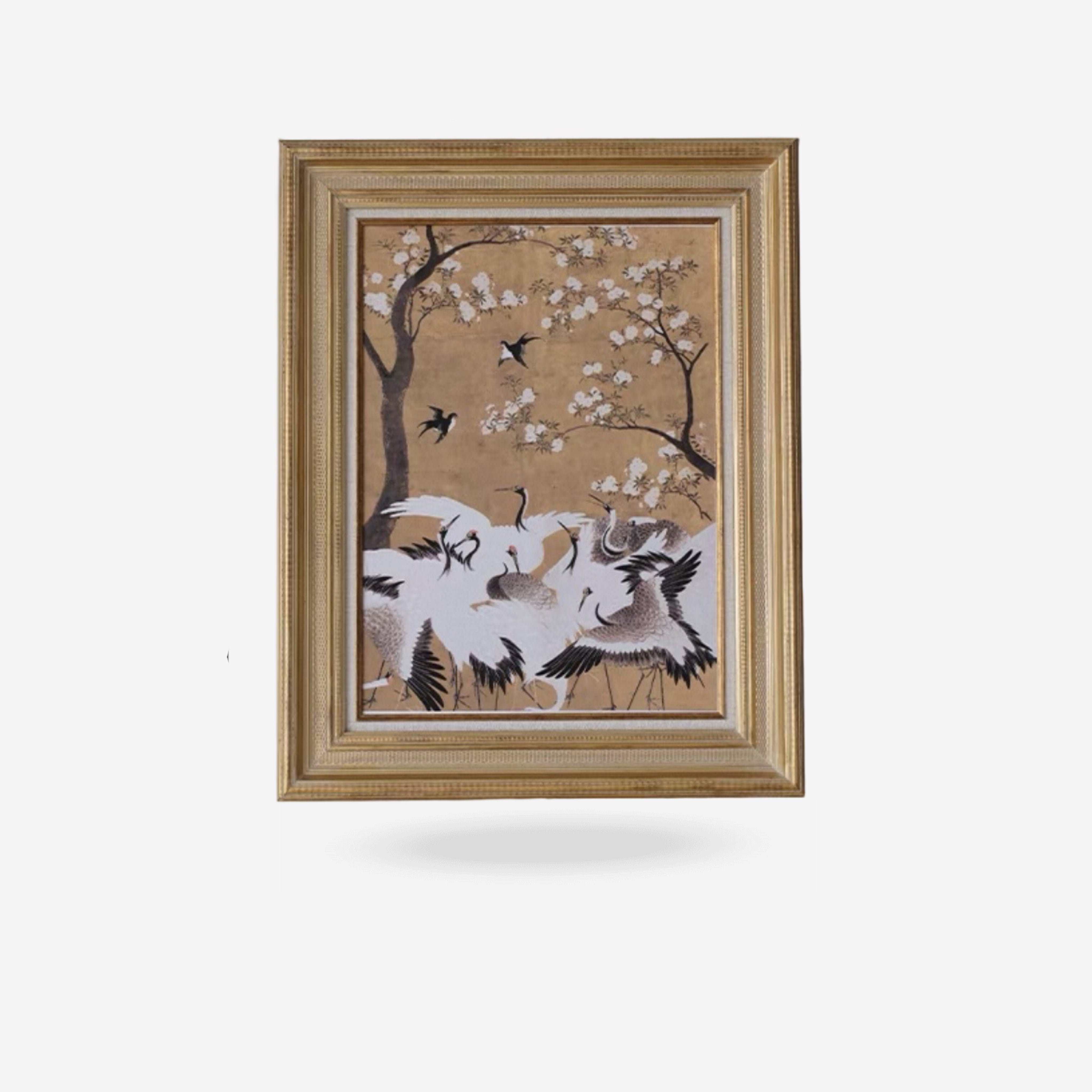 Vintage Oriental Bird and Blossom Wall Decor | Large Framed Canvas Print | Gold Frame Wall Art