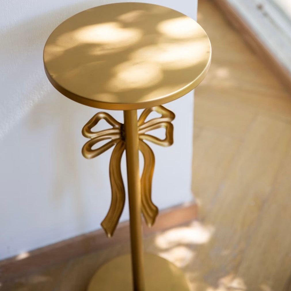 Vintage Gold Bow Accent Pedestal Table – Hand-Finished Iron Drink Table