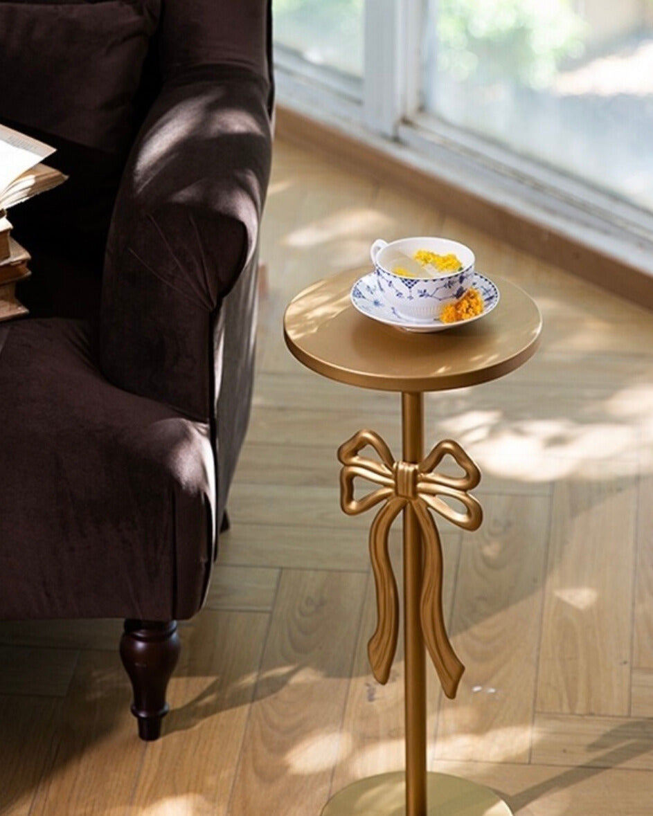 Vintage Gold Bow Accent Pedestal Table – Hand-Finished Iron Drink Table