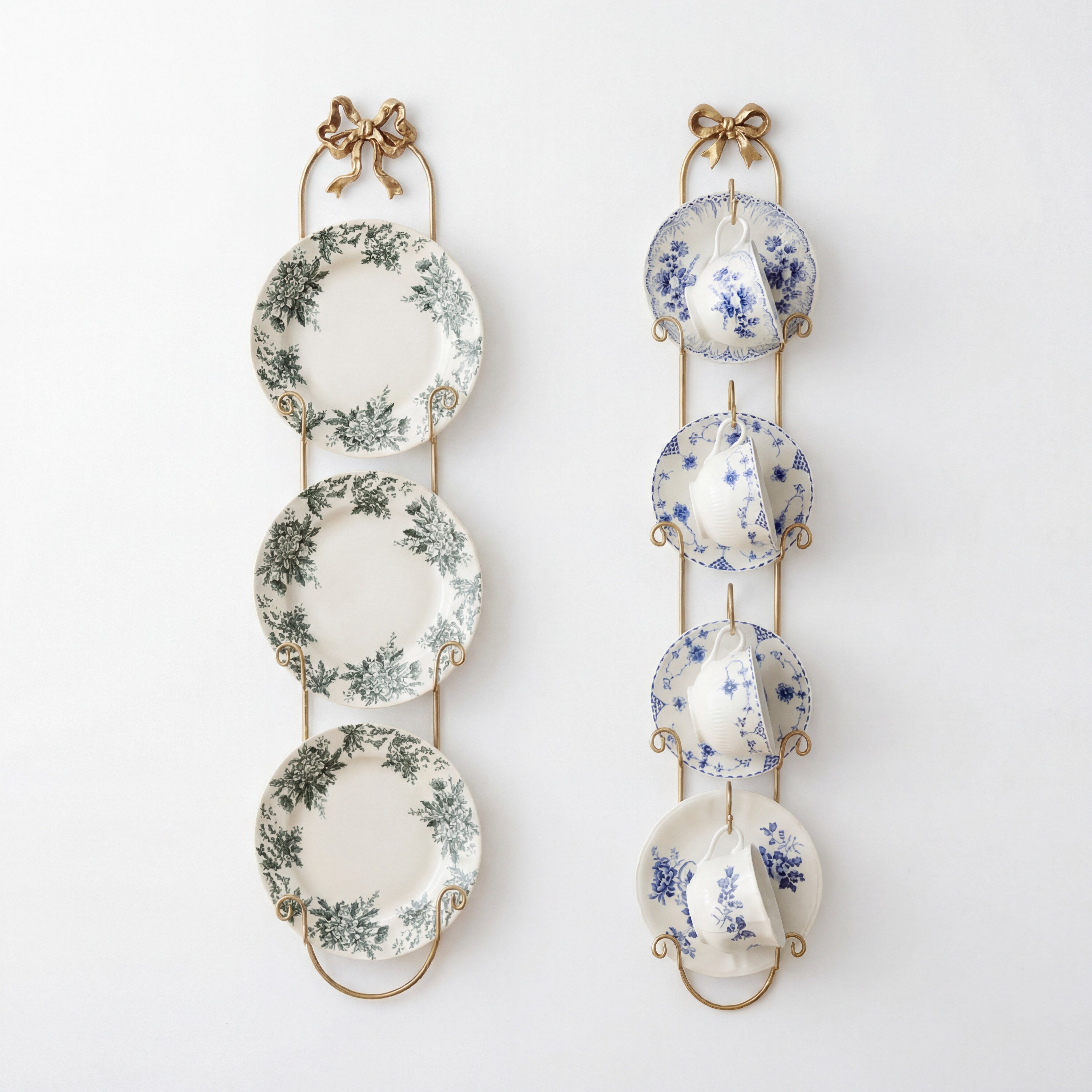 French Vintage Bow Knot Wall-Mounted Display Rack – Brass Gold Metal Plate & Teacup Holder