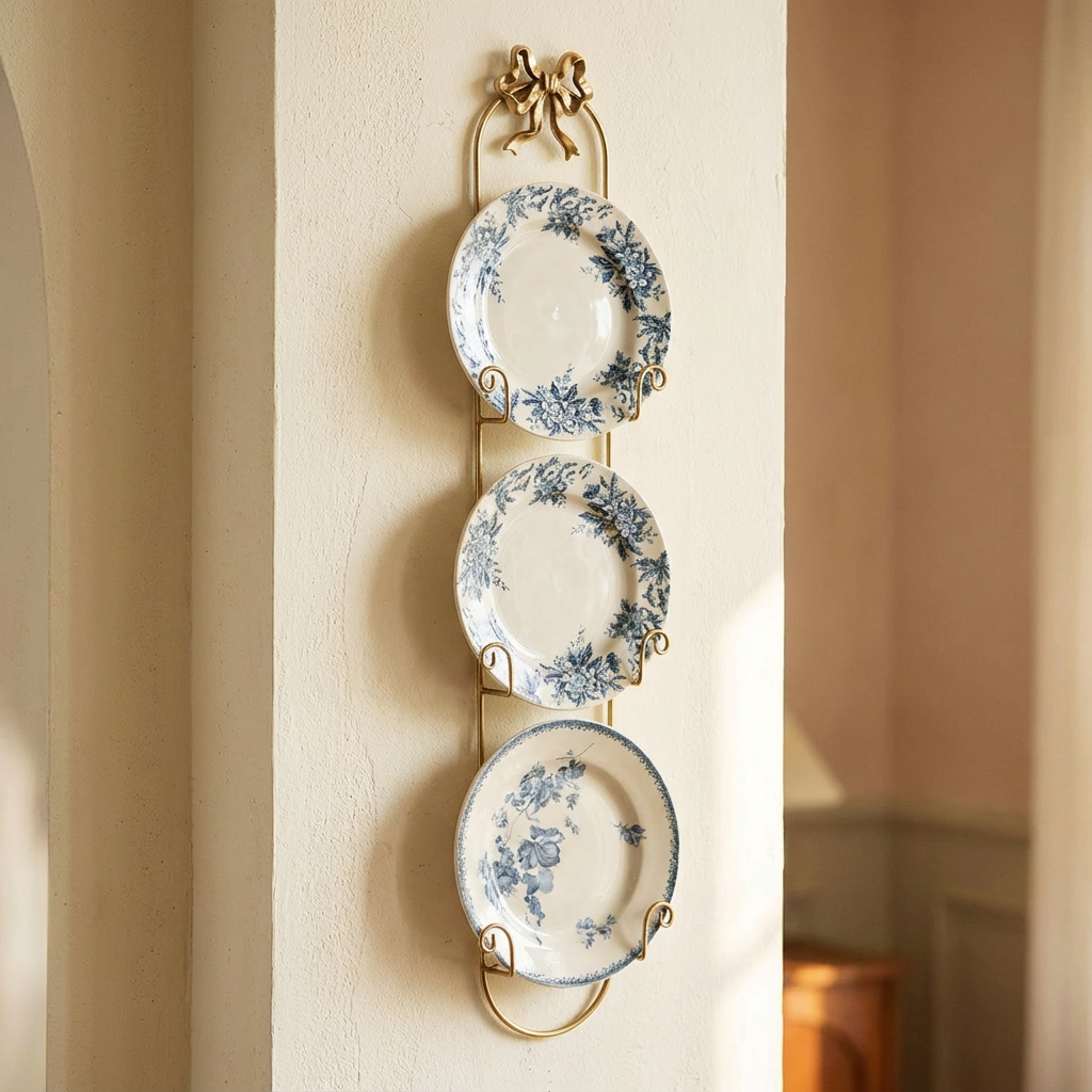 French Vintage Bow Knot Wall-Mounted Display Rack – Brass Gold Metal Plate & Teacup Holder