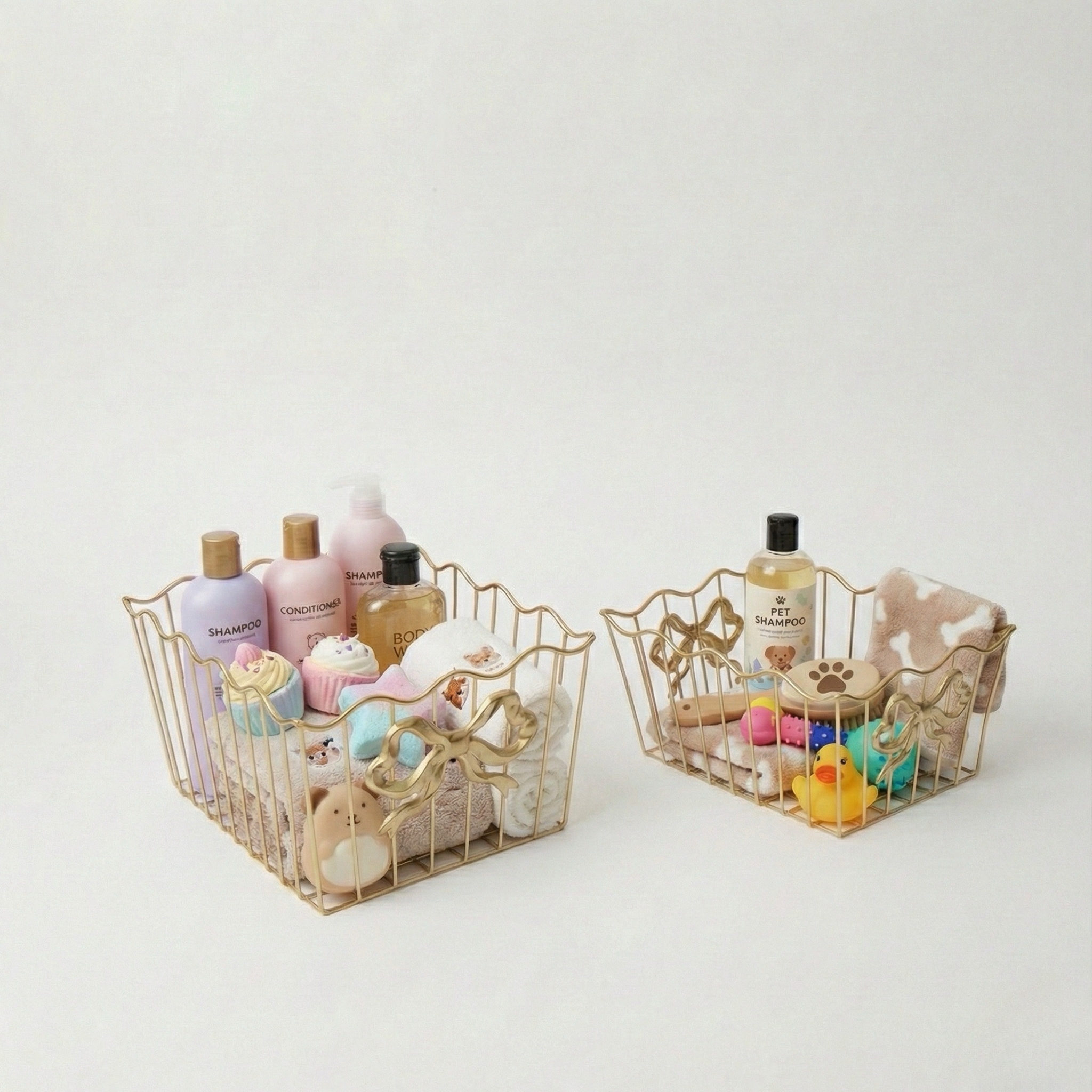 Elegant Gold Ribbon Bow Wire Storage Basket