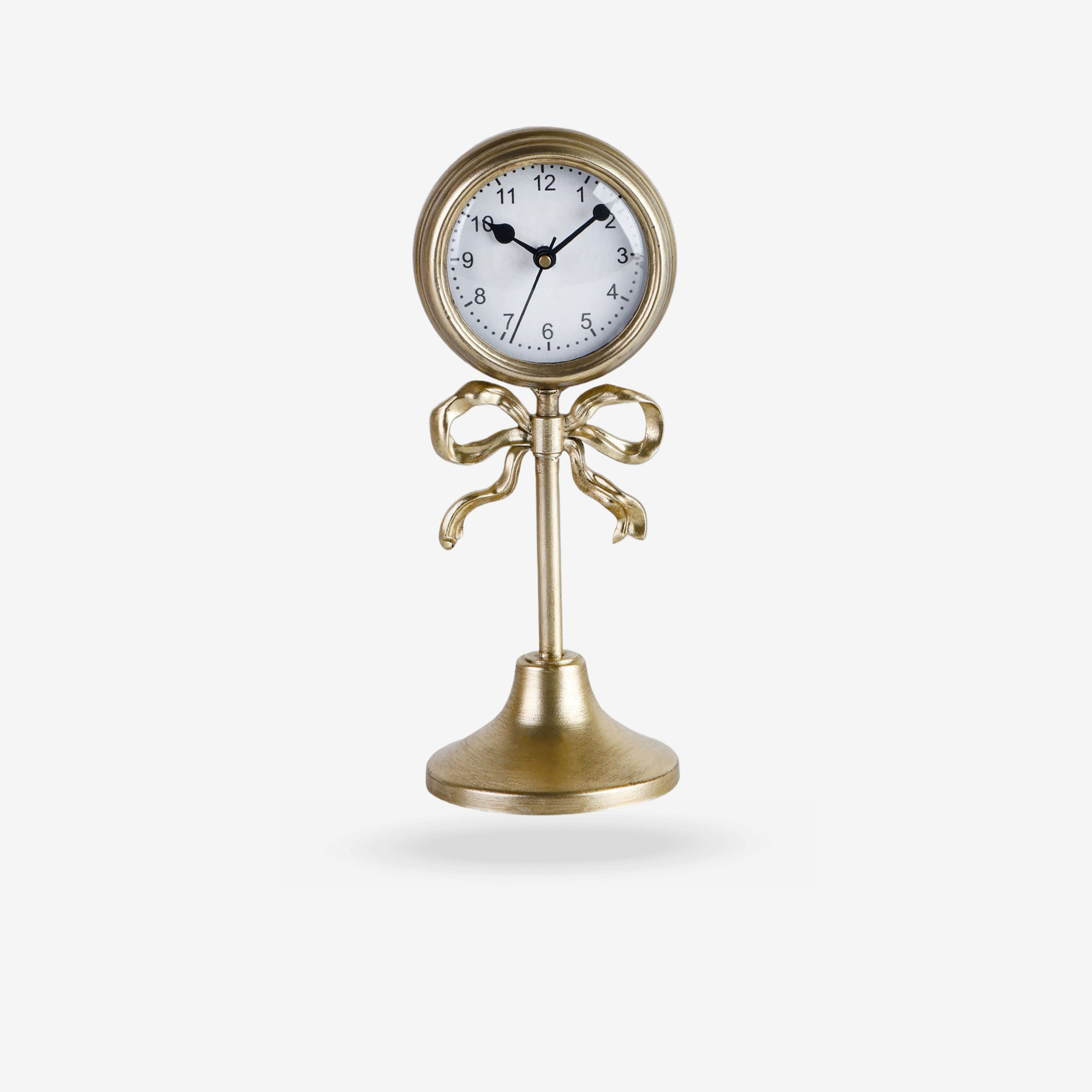 The 25th Hour | Parisian Chic Vintage Bow Table Clock - Antique Gold Standing Desk Decor