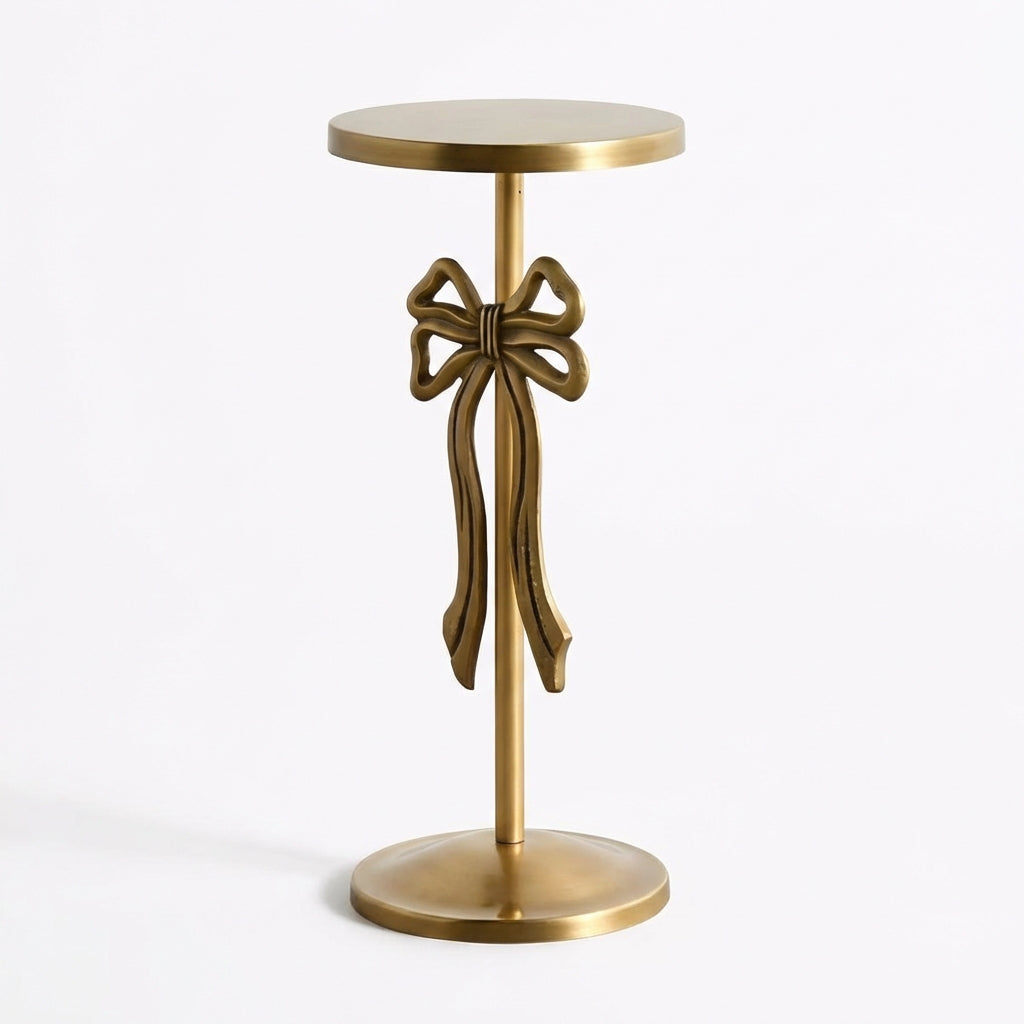 Vintage Gold Bow Accent Pedestal Table – Hand-Finished Iron Drink Table